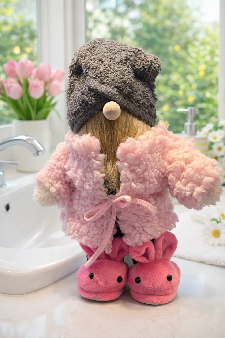 Fuzzy Gnome Figurine with Pink House Coat and Bunny Slippers