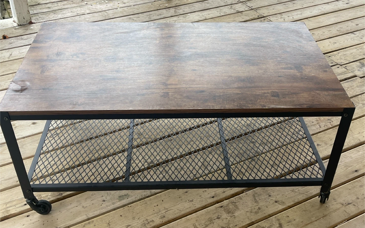 Industrial Coffee Table with Wood Top and Metal Mesh Shelf