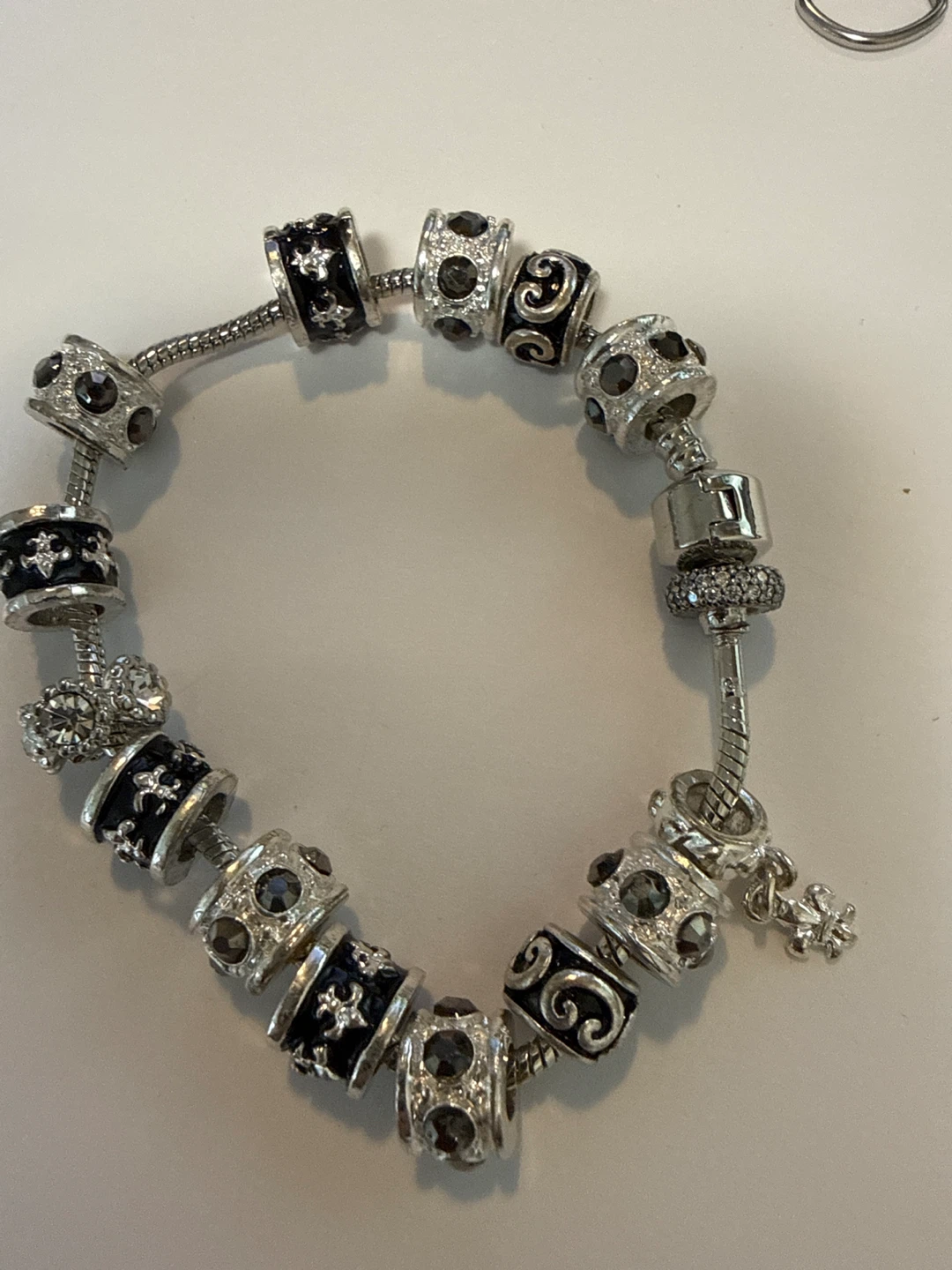Silver Charm Bracelet with Black and Crystal Beads