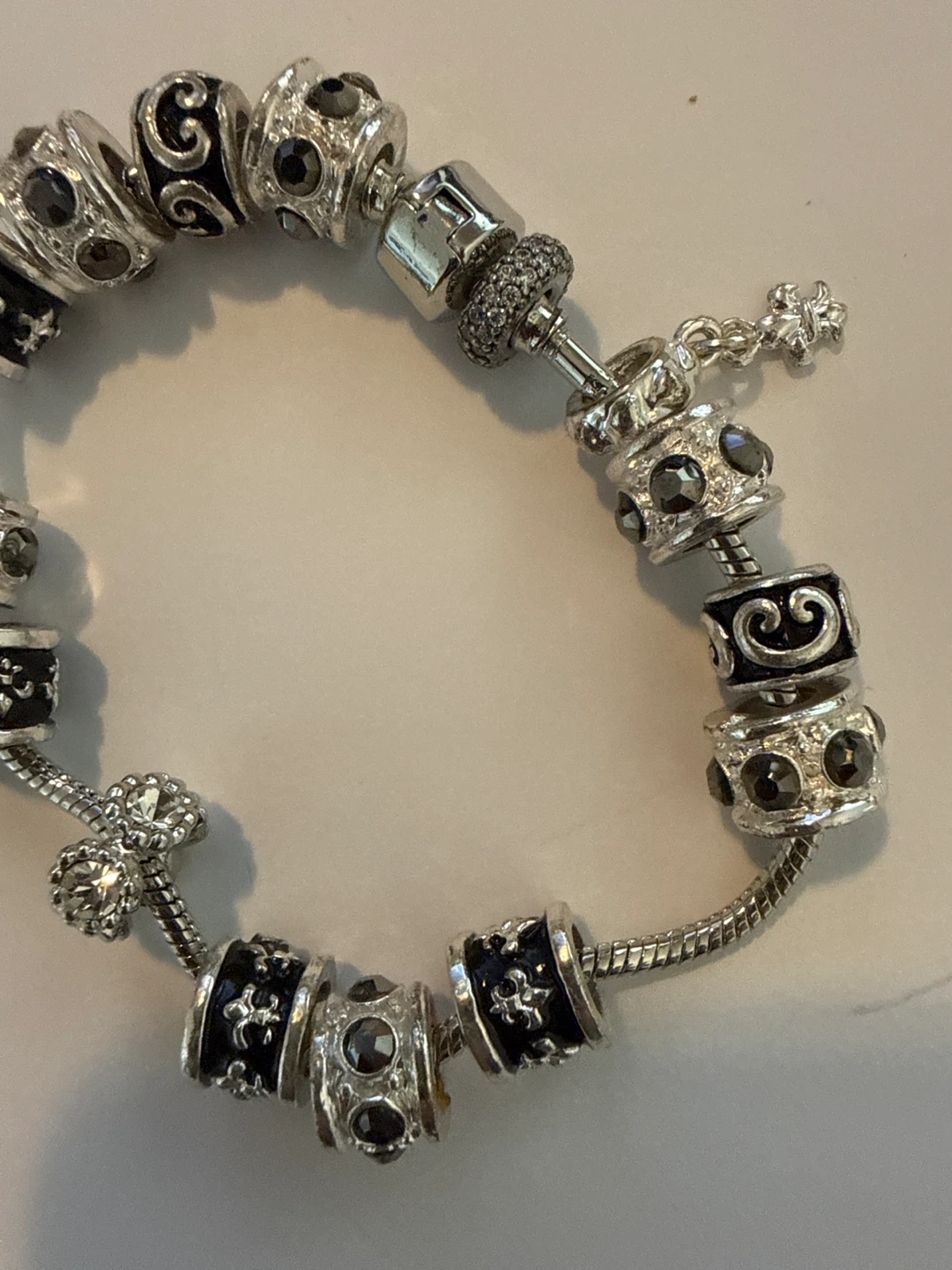 Silver Charm Bracelet with Black and Crystal Beads - photo 2