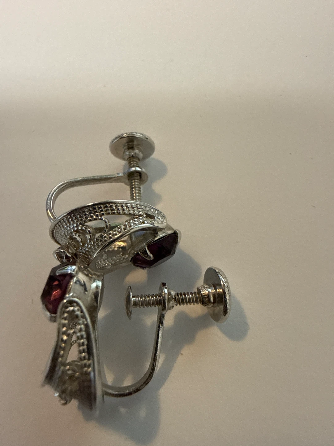 Vintage Silver Tone Screw-Back Earrings with Purple Stones