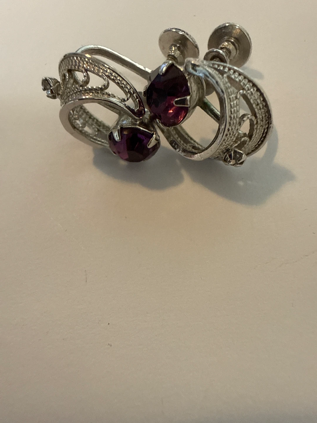 Vintage Silver Tone Screw-Back Earrings with Purple Stones - photo 2