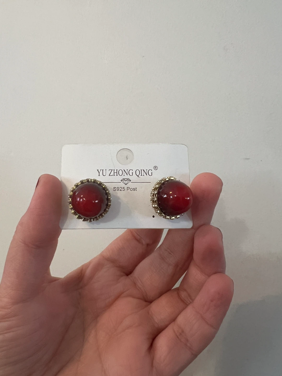 Red Stone & Pearl Stud Earrings S925 posts