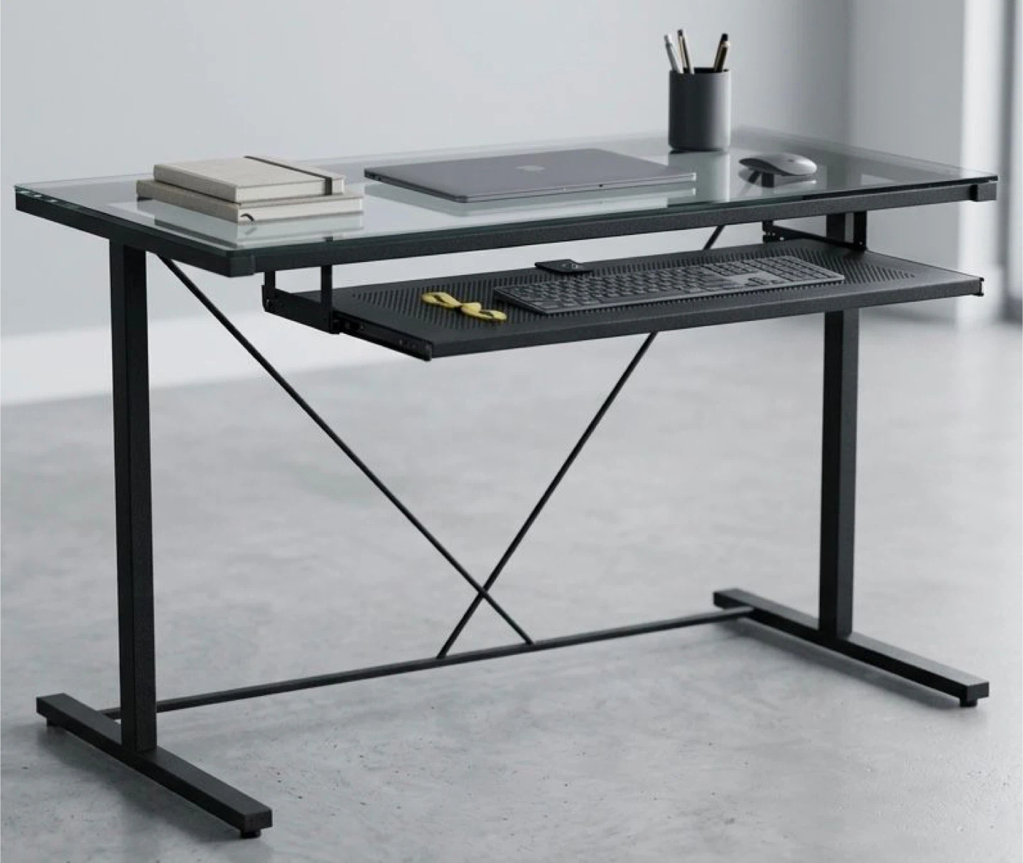Glass top desk with black metal frame - photo 2