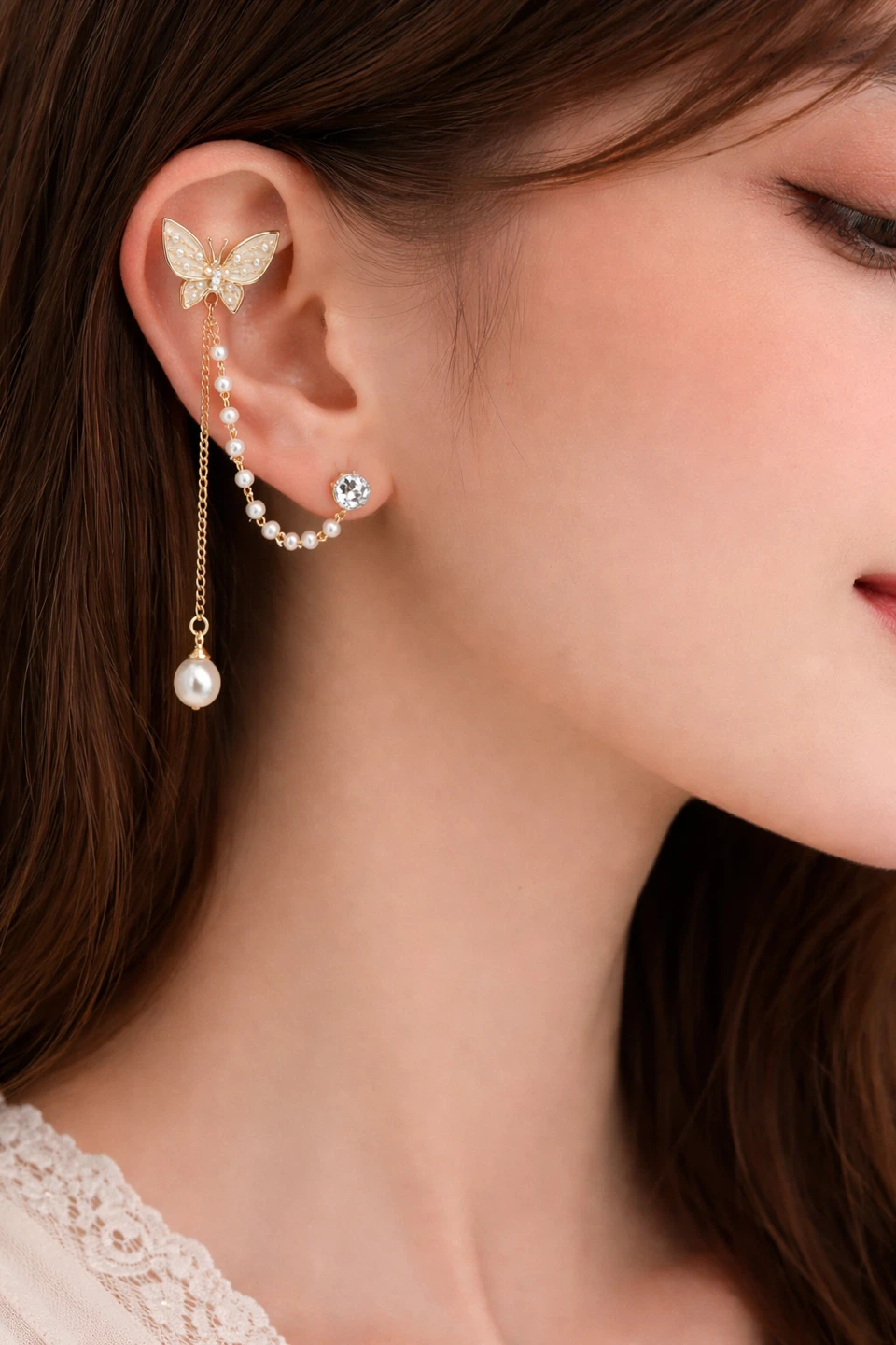 Gold Butterfly Pearl Tassel Ear Cuff Earring S925 posts