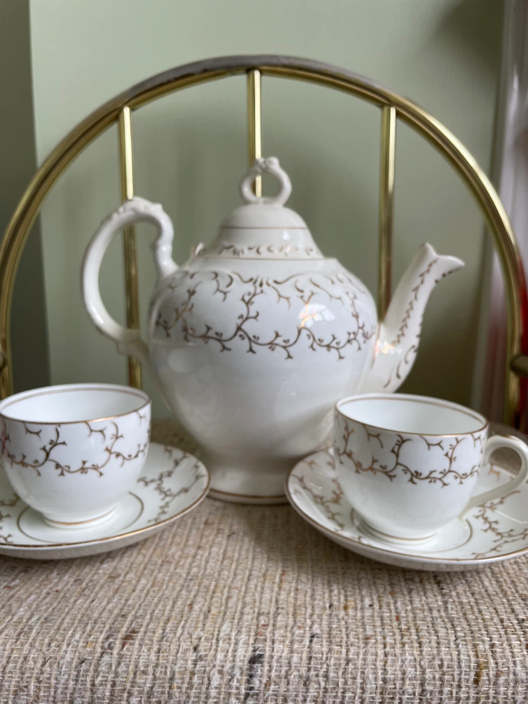 White Teapot with Gold Trim and 2 Cups & Saucers
