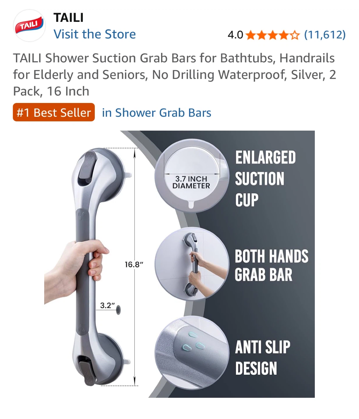 New-TAILI Shower Suction Grab Bar 16" 2 Pack - photo 4