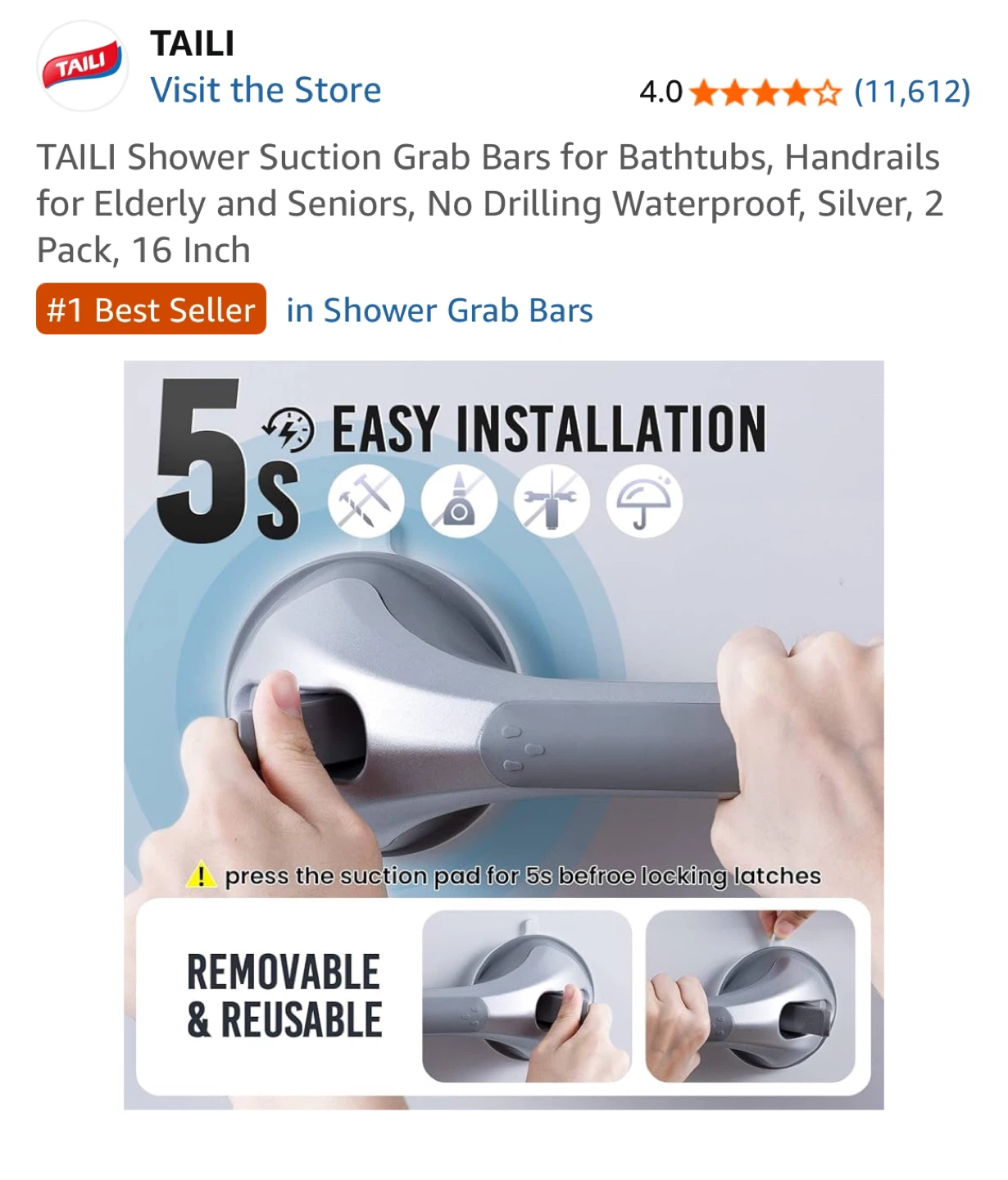 New-TAILI Shower Suction Grab Bar 16" 2 Pack - photo 3