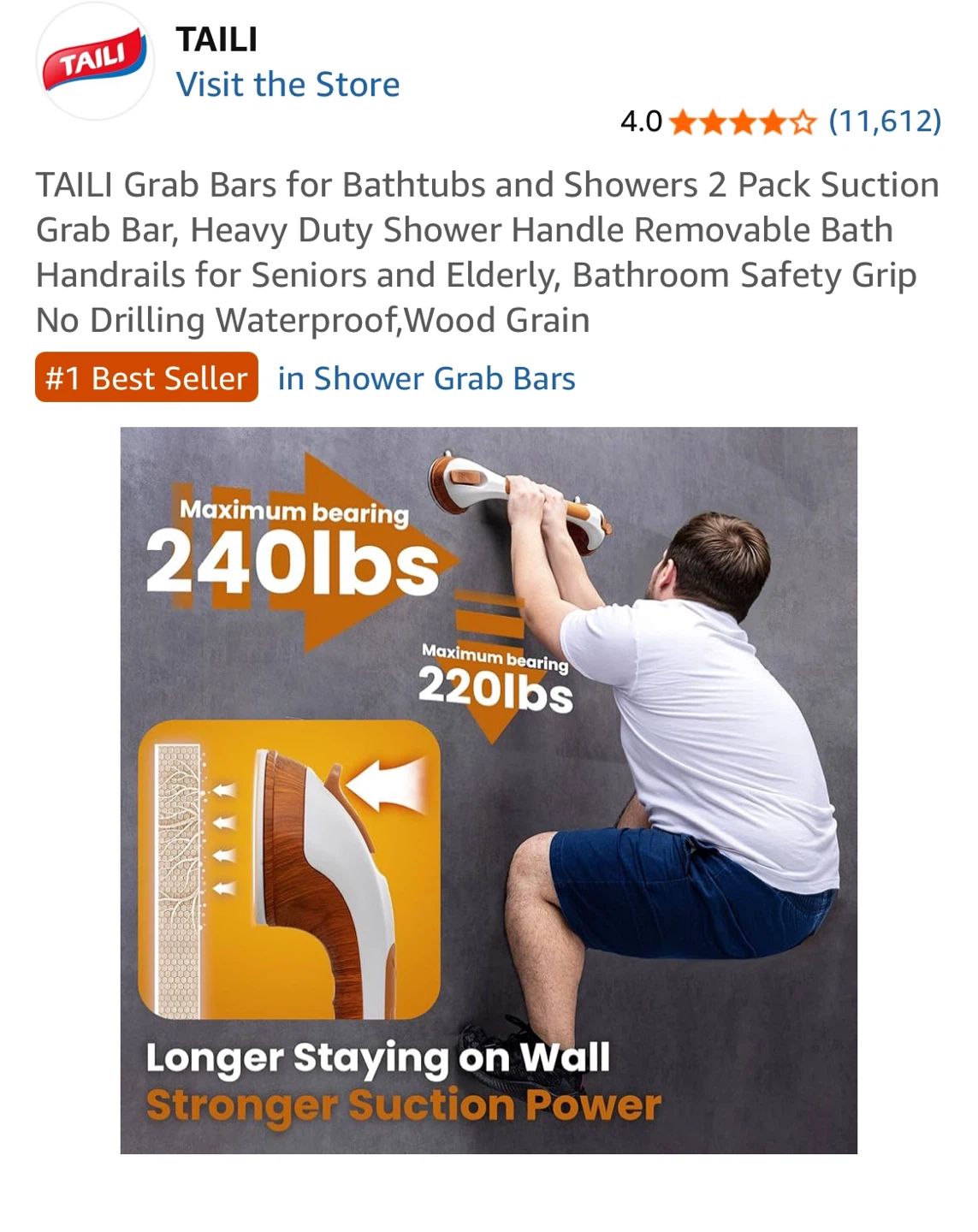 NEW-TAILI Shower Suction Grab Bar 16" 2 Pack - photo 2