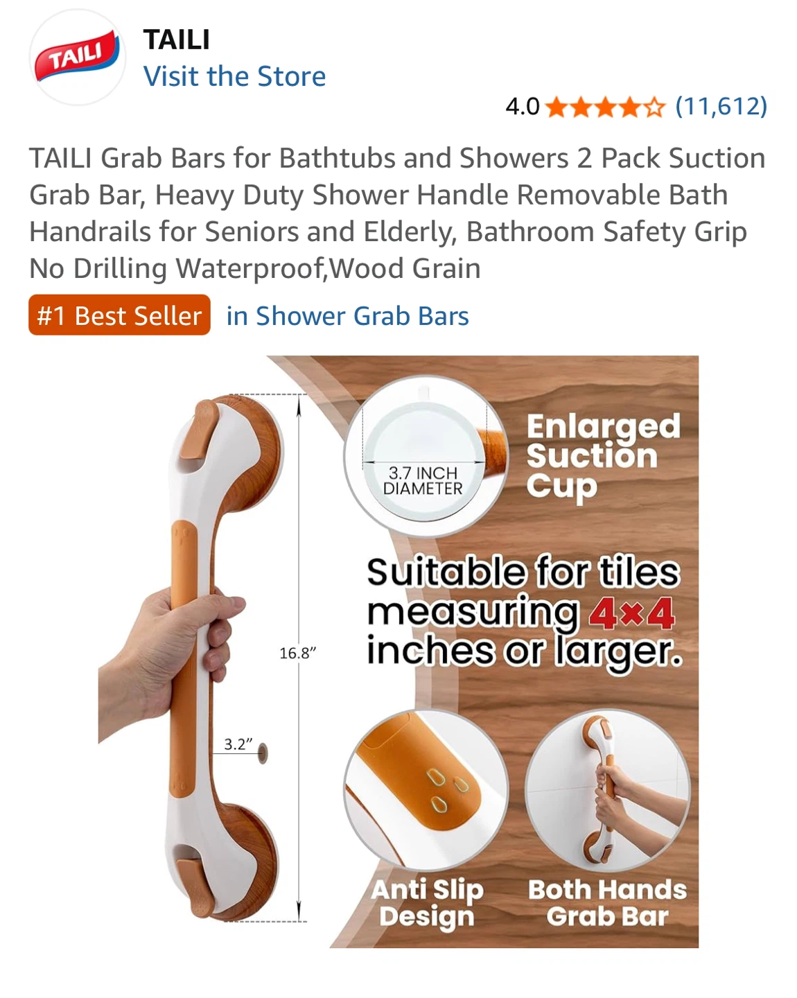 NEW-TAILI Shower Suction Grab Bar 16" 2 Pack - photo 4