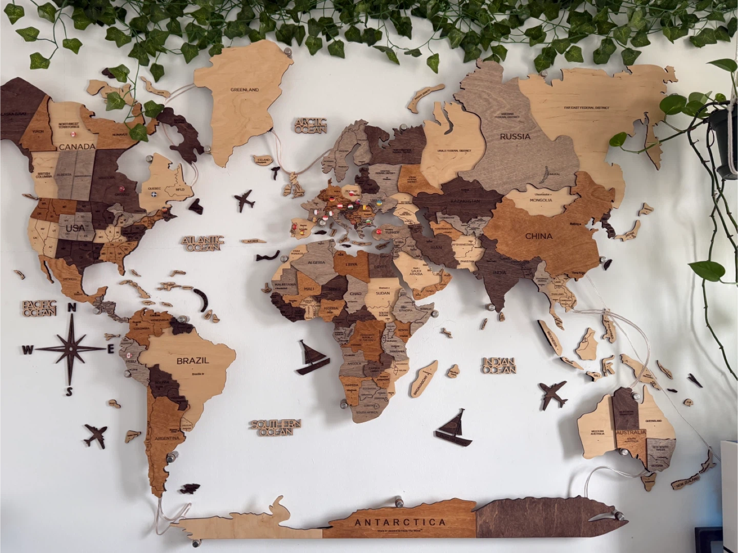 LED Wooden World Map 35” x 59”