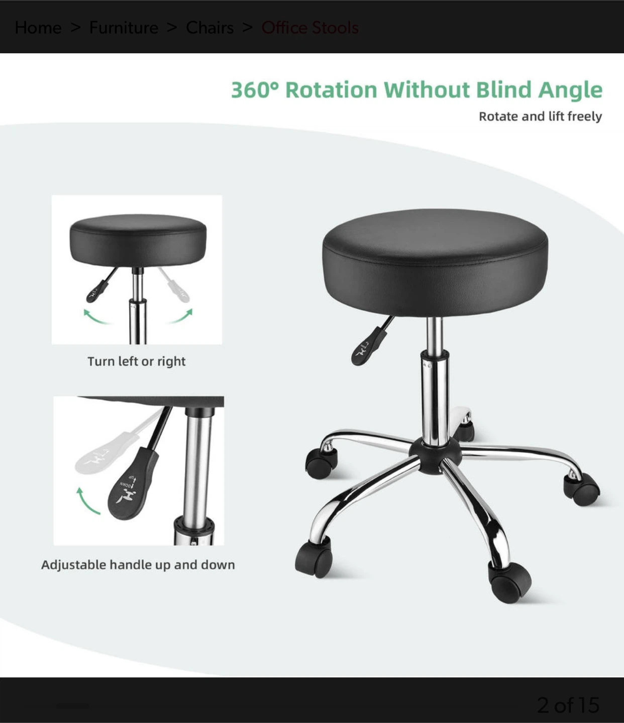 Adjustable Rolling Stool - Black - photo 5