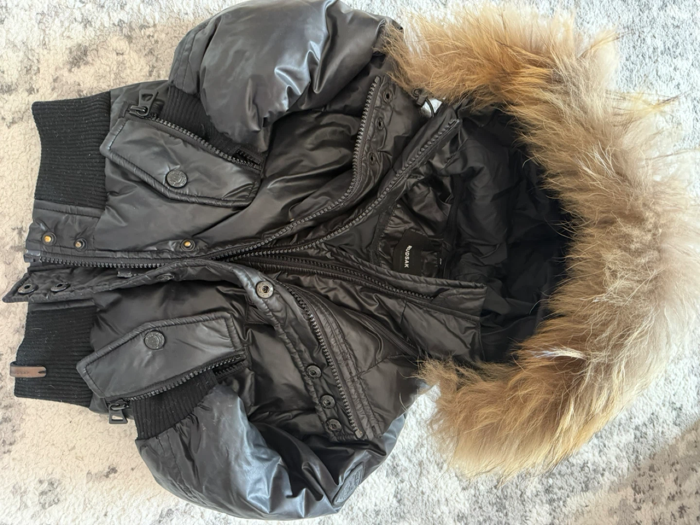 RUDSAK Black Down Puffer Winter Jacket with Fur Hood Size 12