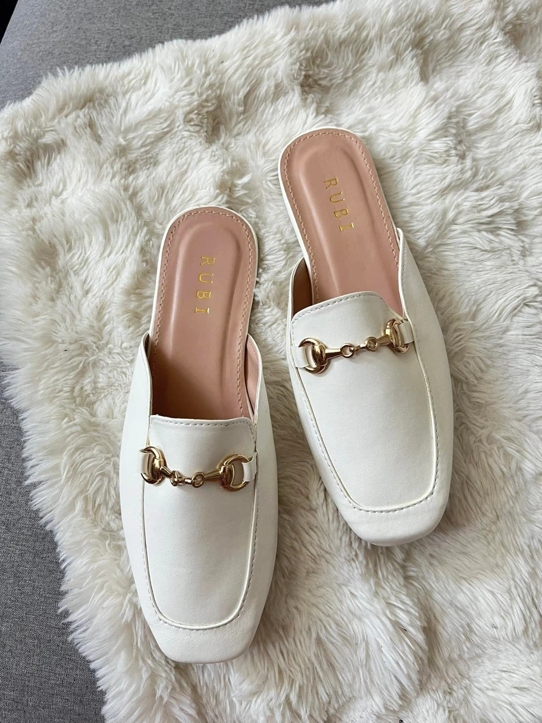 Rubi White Mules with Gold Hardware