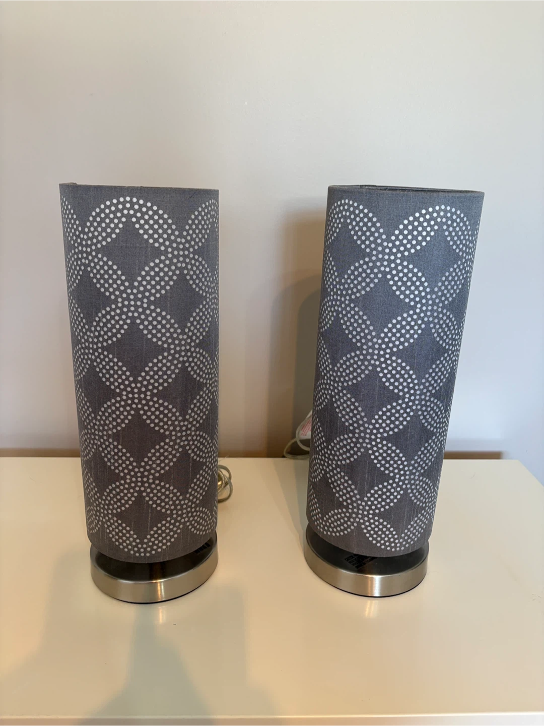 Set of 2 Grey Cylindrical Table Lamps with White Dot Pattern