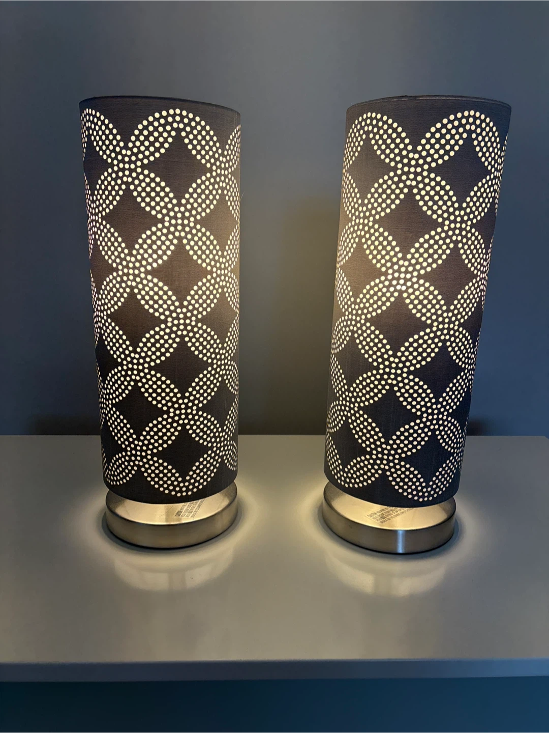 Set of 2 Grey Cylindrical Table Lamps with White Dot Pattern - photo 2