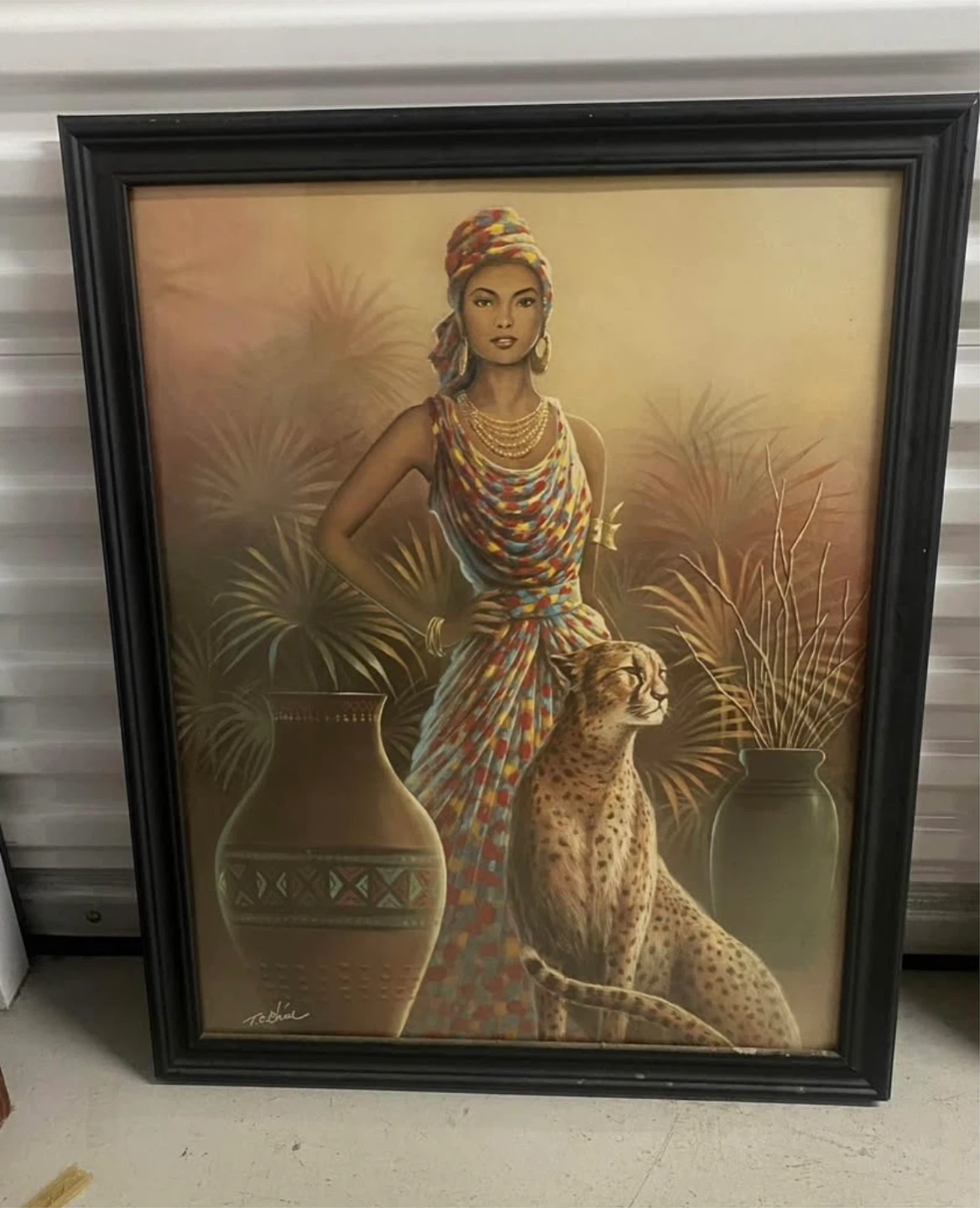 Framed African Woman and Cheetah Painting