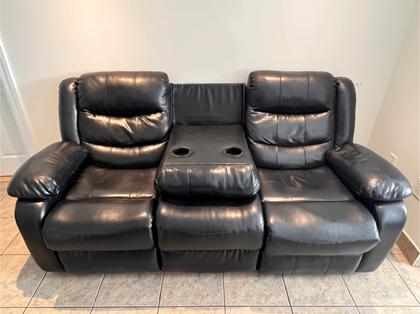 Black Leather  3 Seater Reclining Sofa with 2 Cup Holders