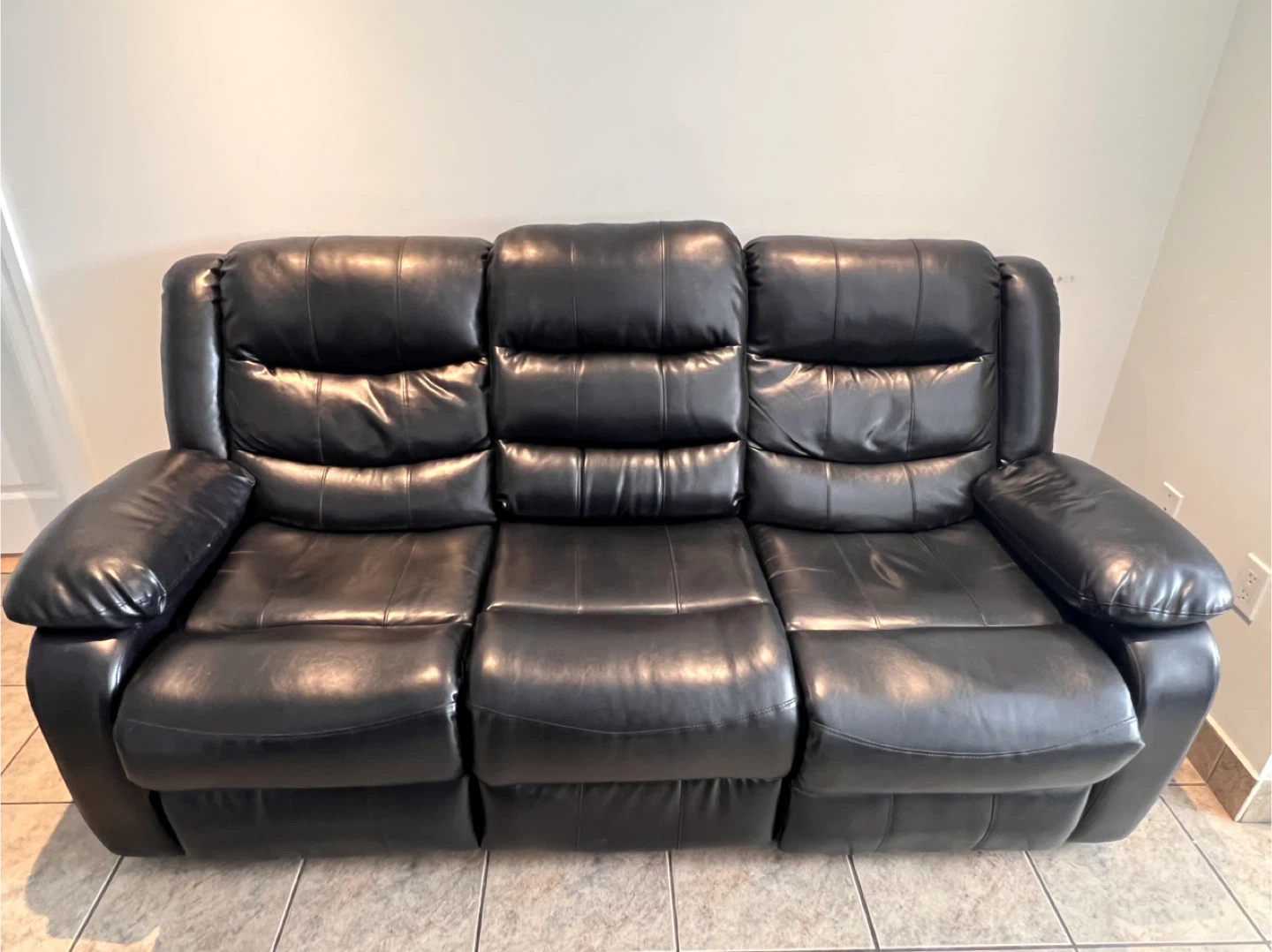 Black Leather  3 Seater Reclining Sofa with 2 Cup Holders - photo 2