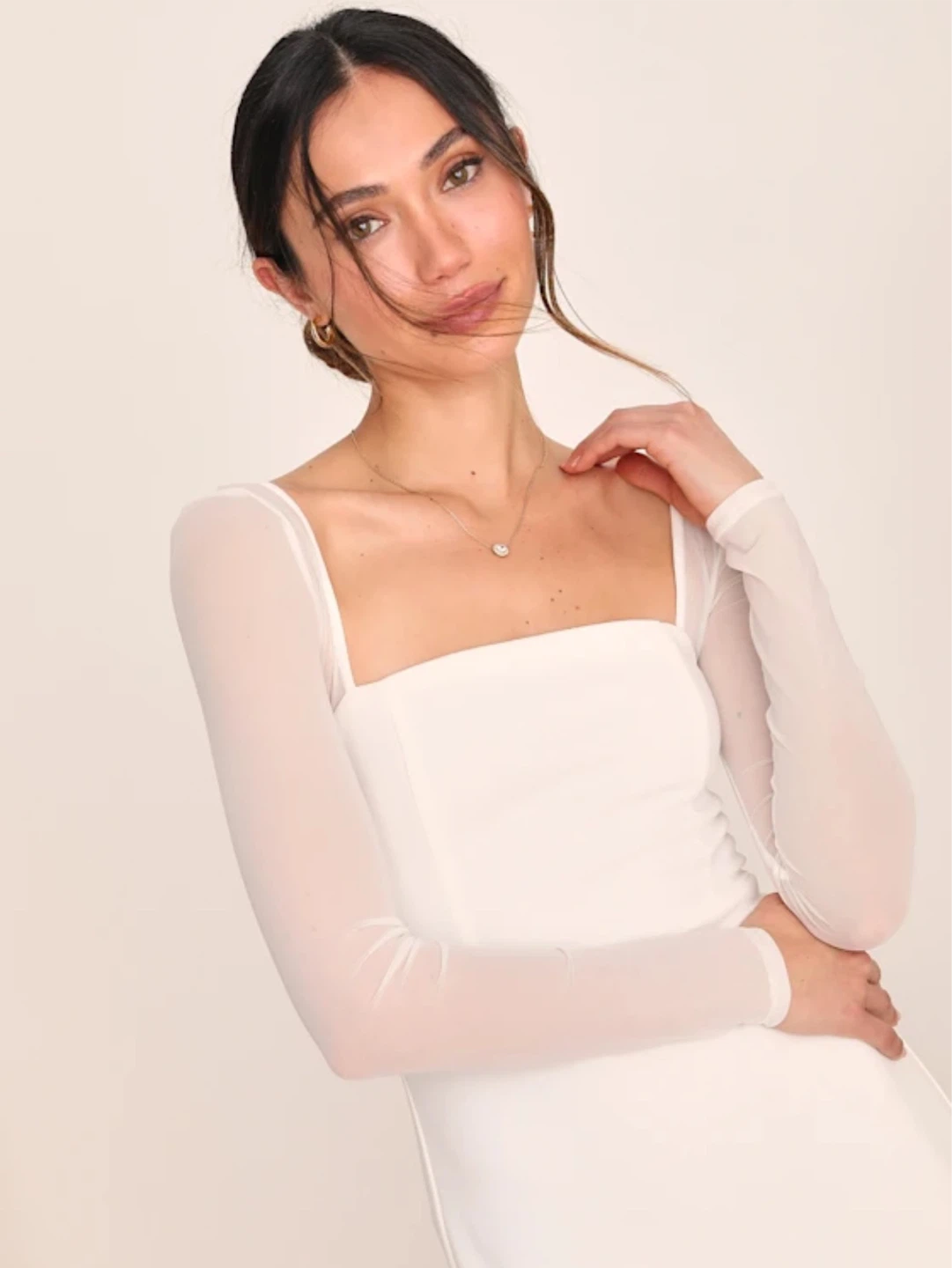 White Long Sleeve Square Neck Maxi Dress
