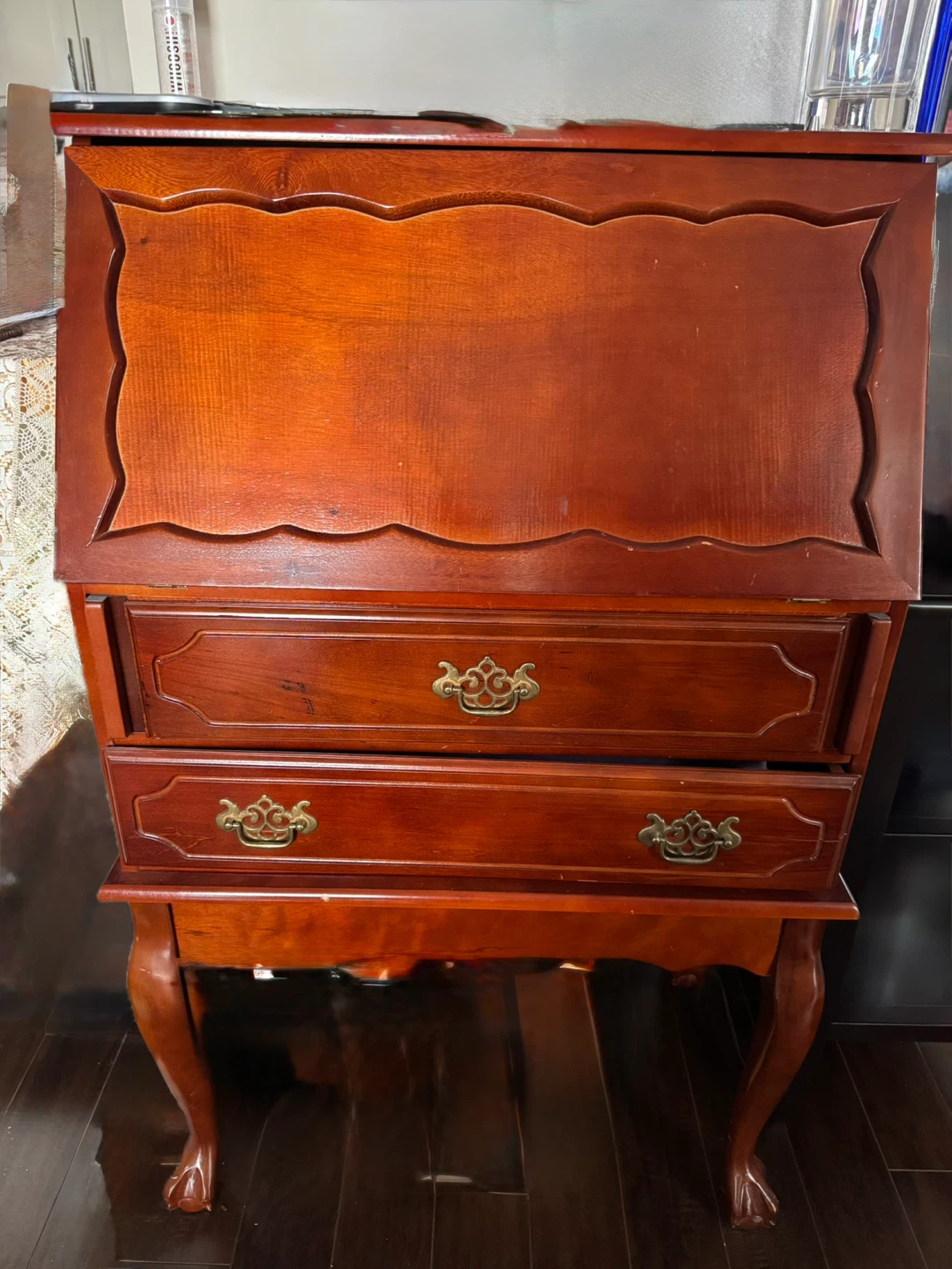 Vintage Wooden Drop Front Secretary Desk with Drawers