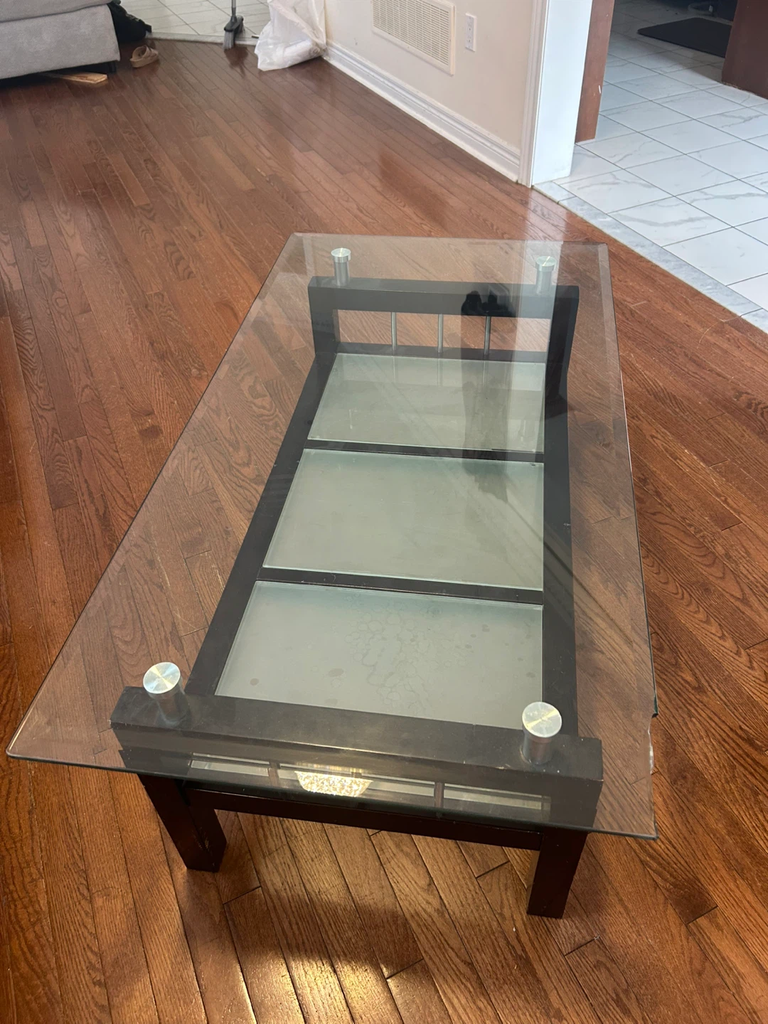 Glass Top Coffee Table with Dark Wood Frame