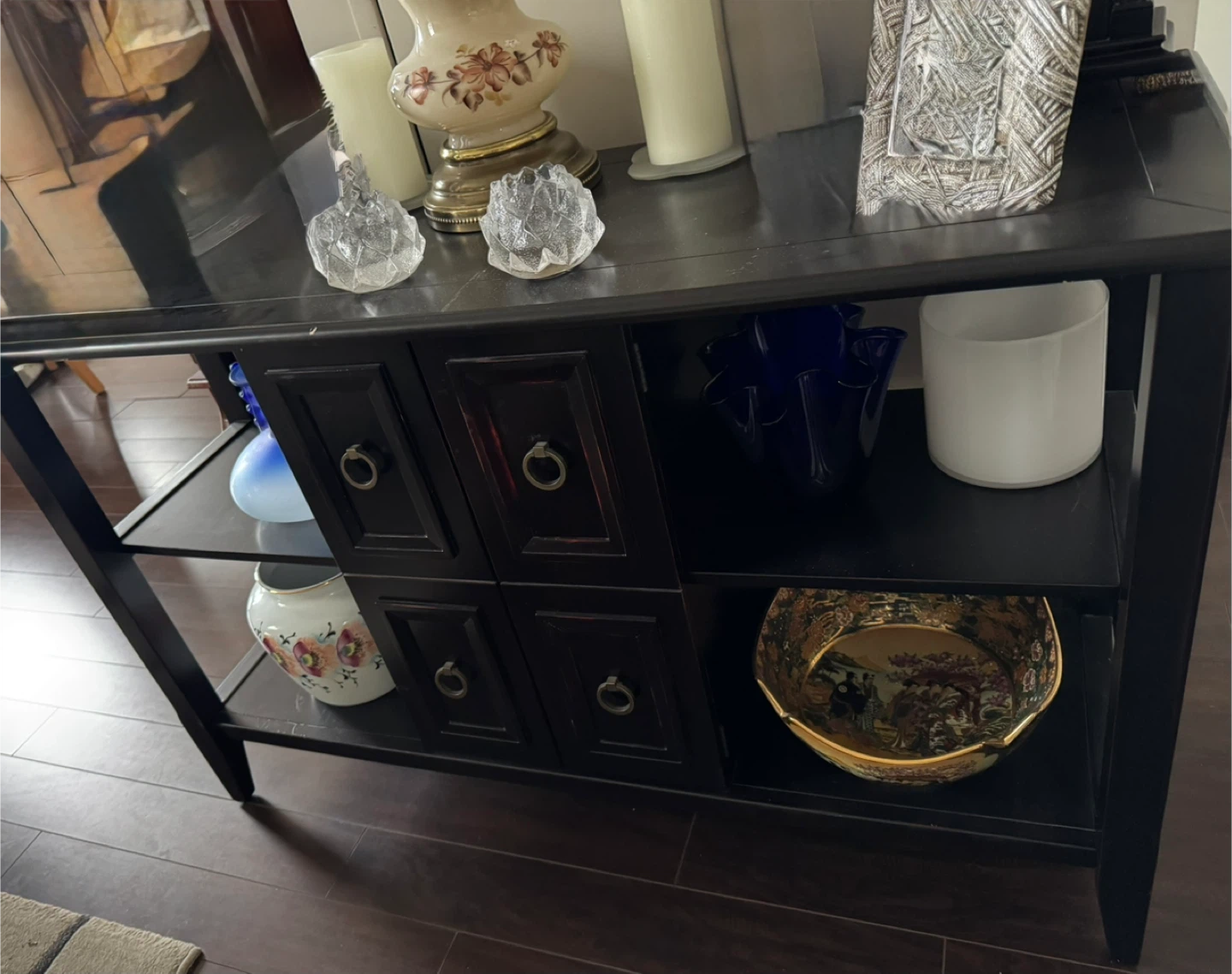Dark Wood Console Table with Shelves and Drawers - photo 2