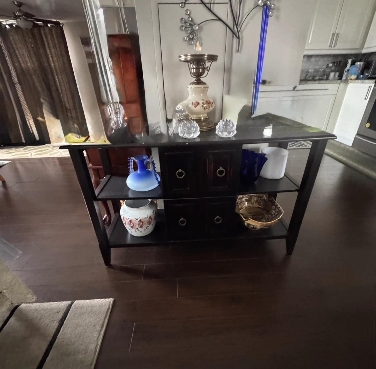 Dark Wood Console Table with Shelves and Drawers