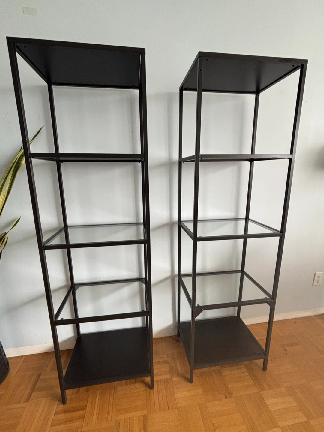 Set of 2 Black Metal and Glass Shelf Units