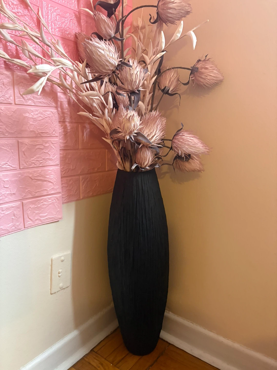Black Textured Floor Vase with Dried Flowers