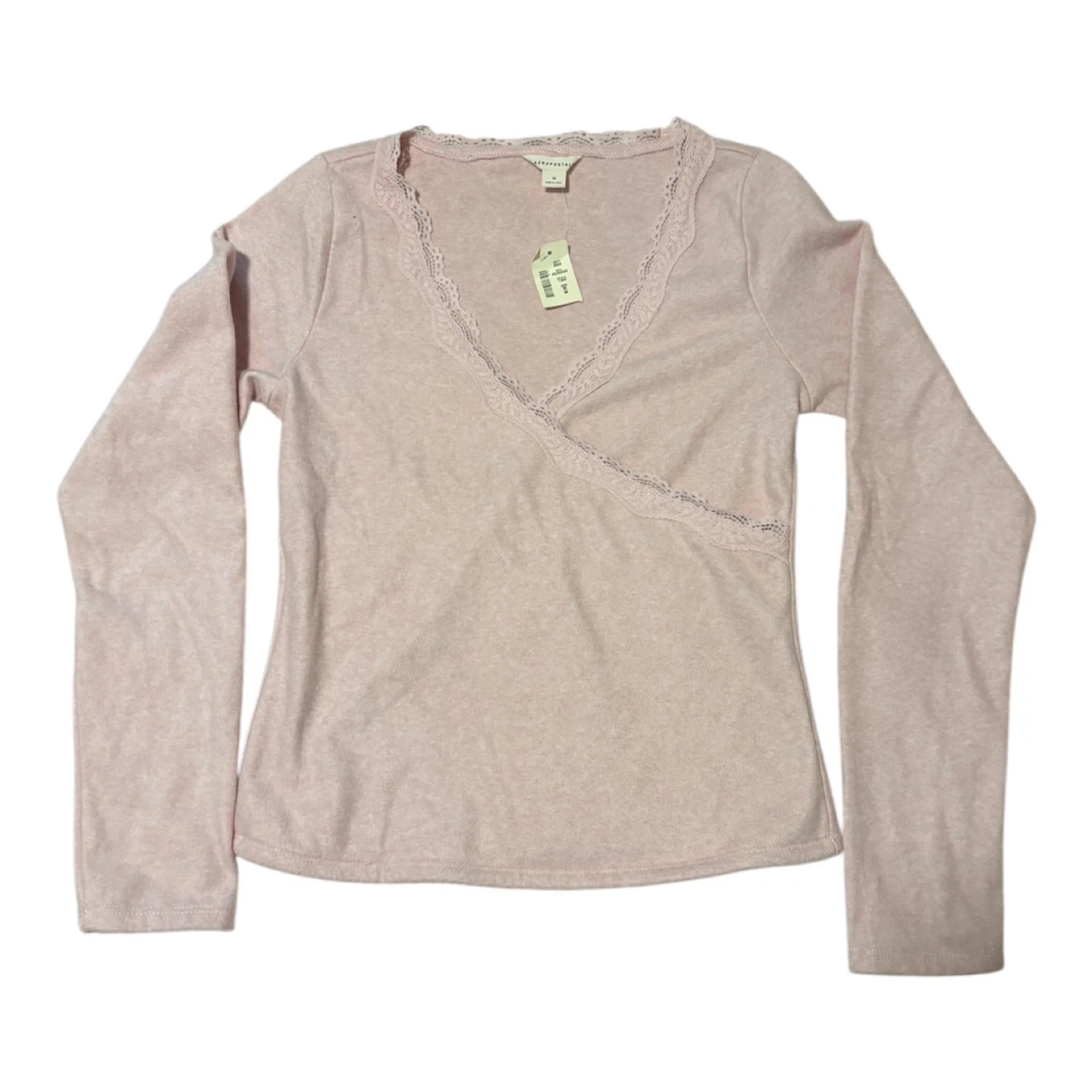 Aeropostale Pink Lace Trimmed V-Neck Long Sleeve Top - Size M