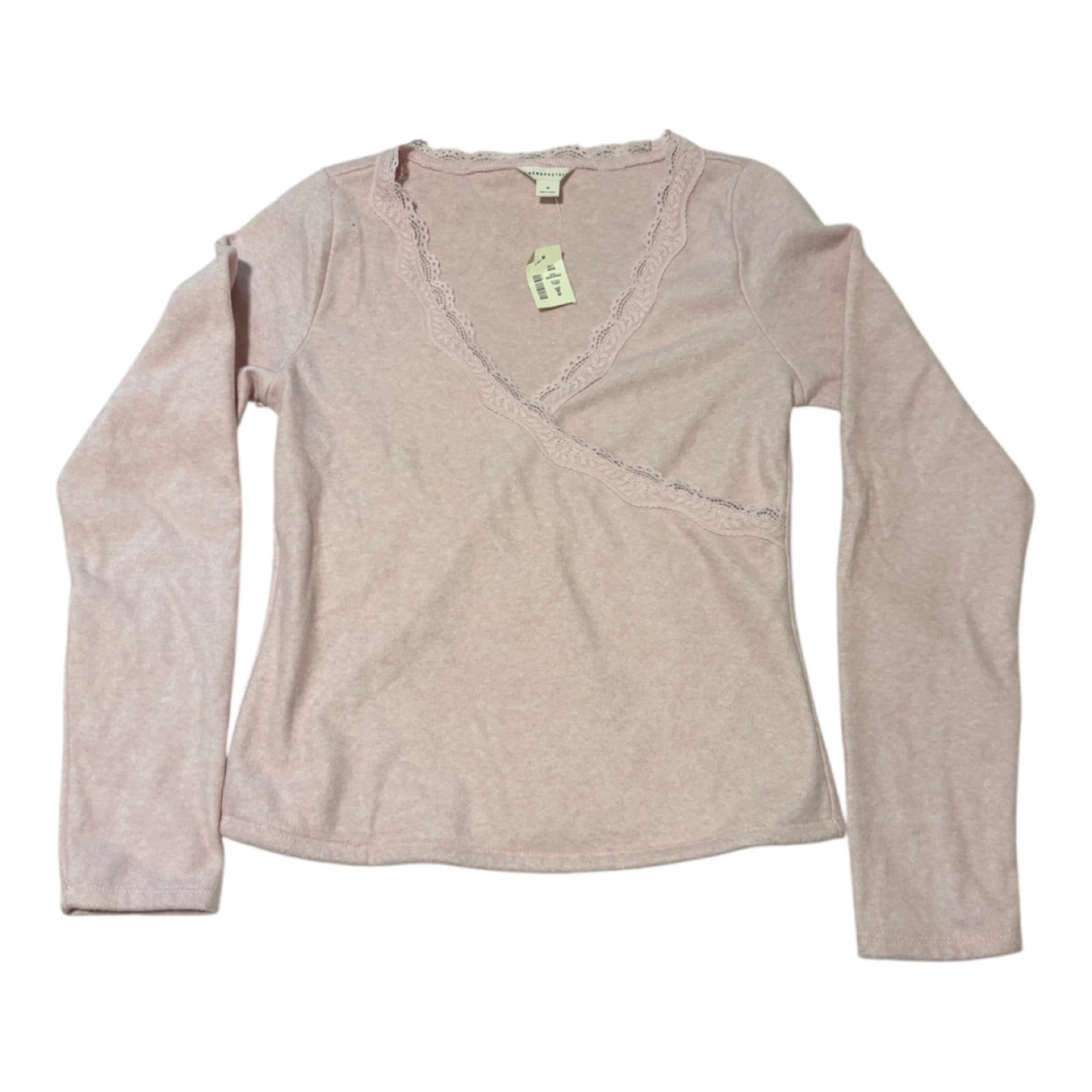 Aeropostale Pink Lace Trimmed V-Neck Long Sleeve Top - Size M - photo 3