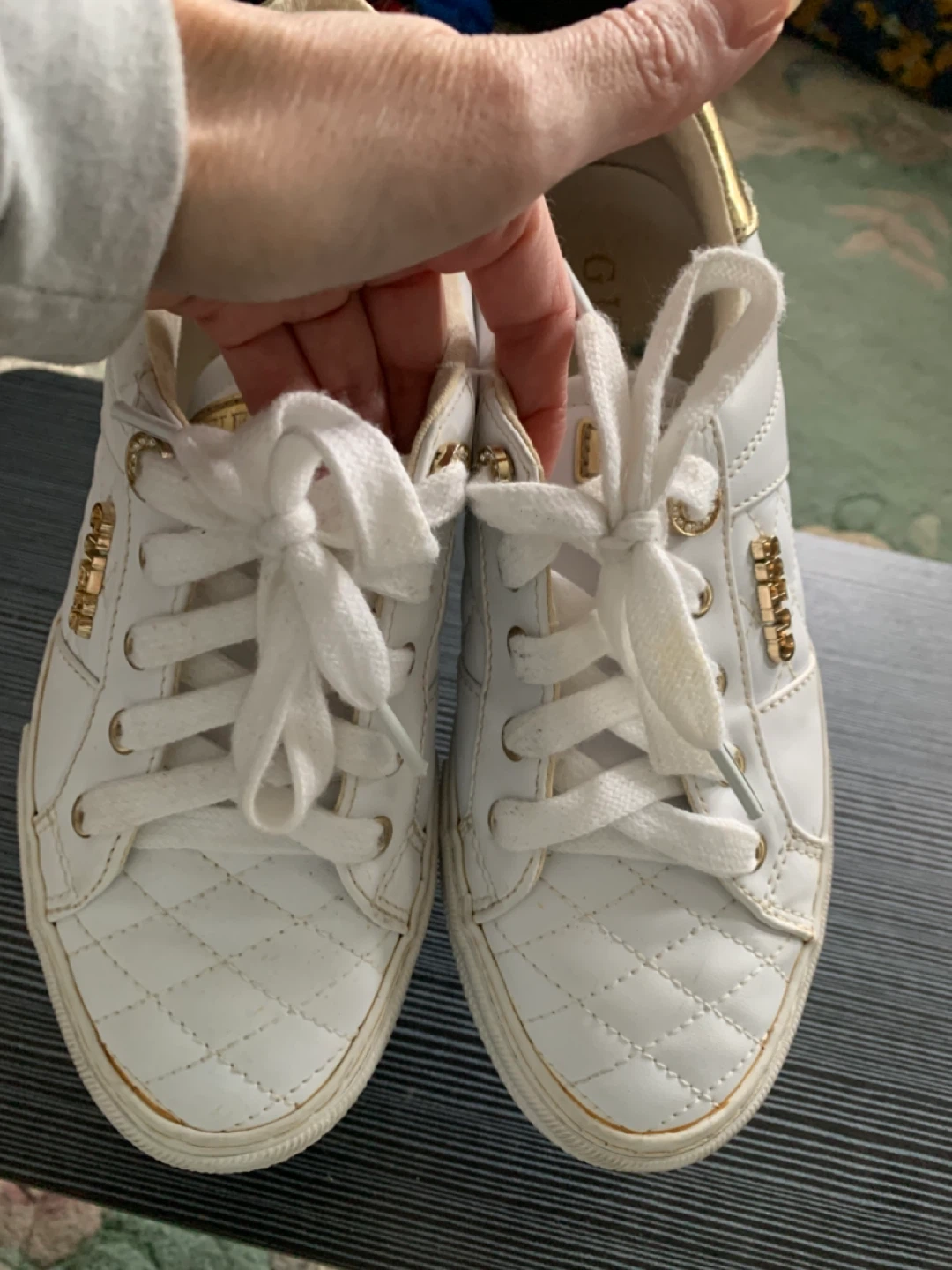 Guess White Quilted Sneakers with Gold Accents -Size 5.5