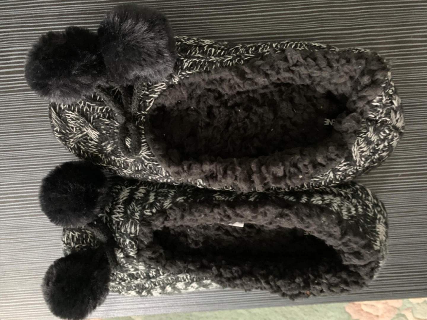 Women's Pom Pom Slippers - Black & White Knit