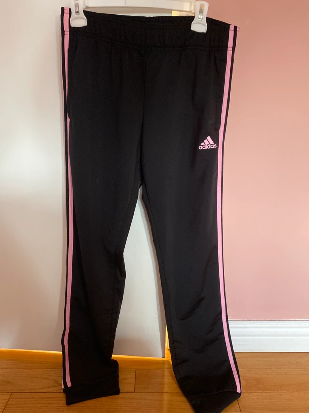 Adidas Black Track Pants with Pink Stripes