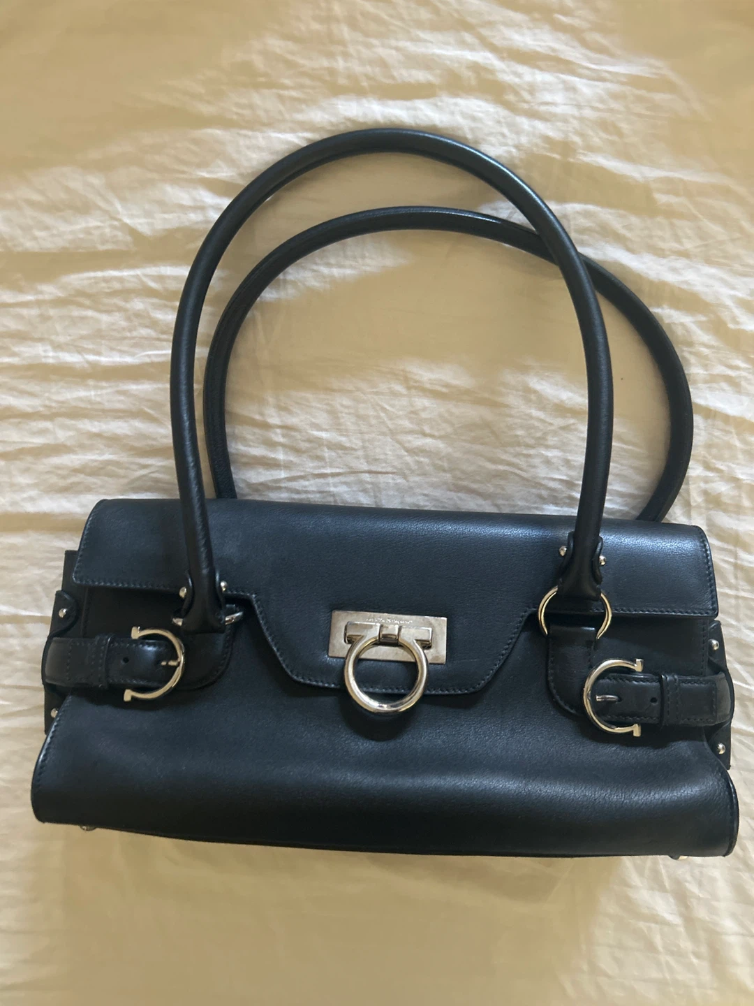 Salvatore Ferragamo Black Leather Gancini Flap Handbag