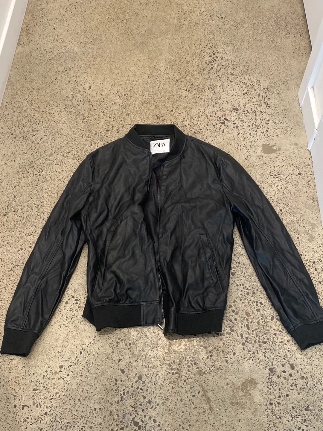Zara Black Faux Leather Bomber Jacket - Large