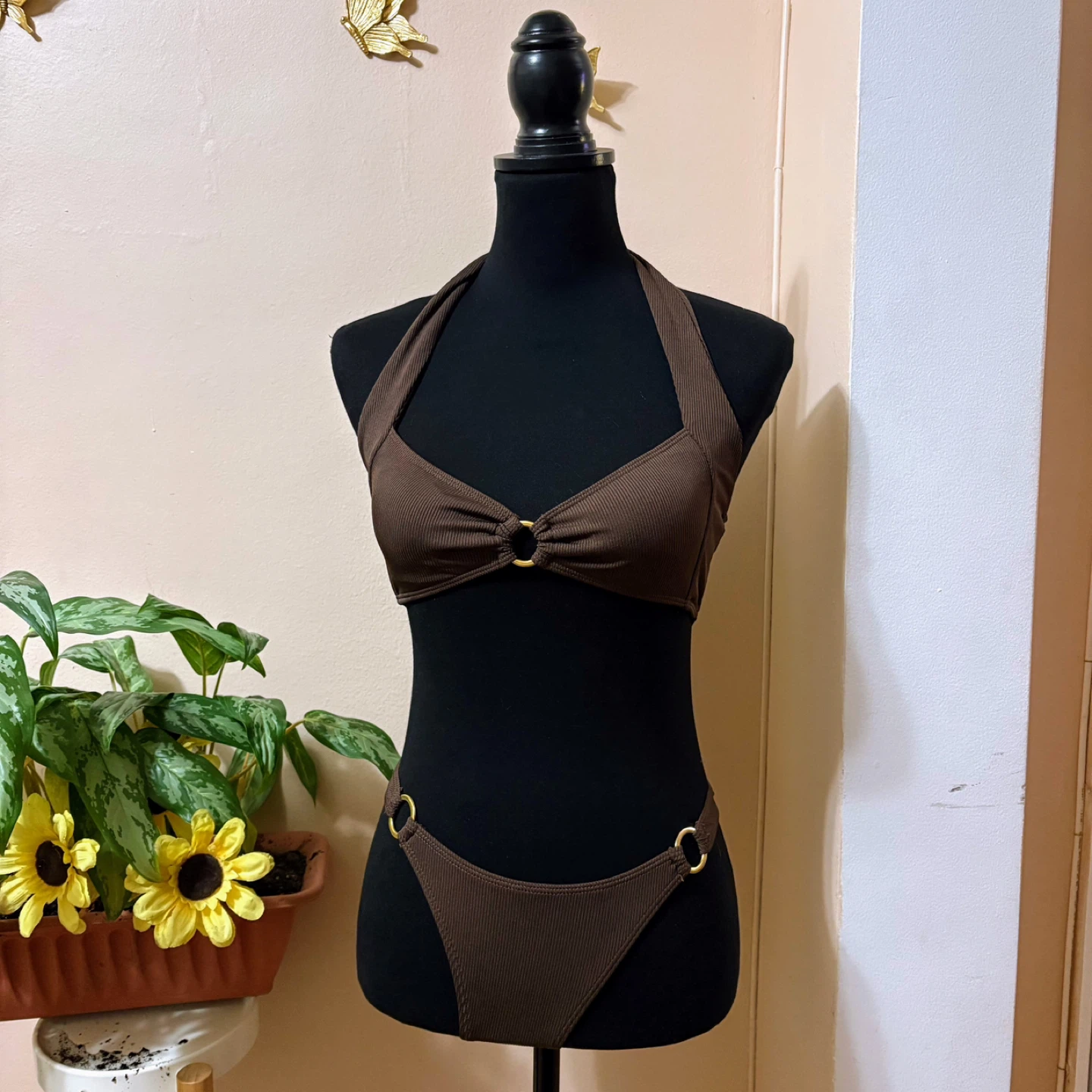 Brown Ribbed Bikini Swimsuit Size S - photo 3