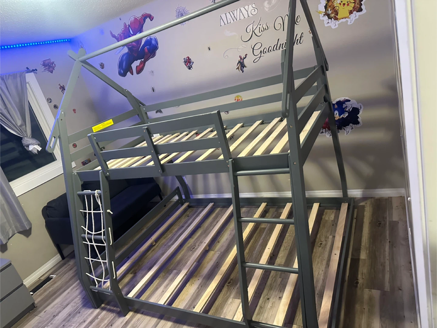 Grey Twin over queen House Bunk Bed with Ladder and Net - photo 3