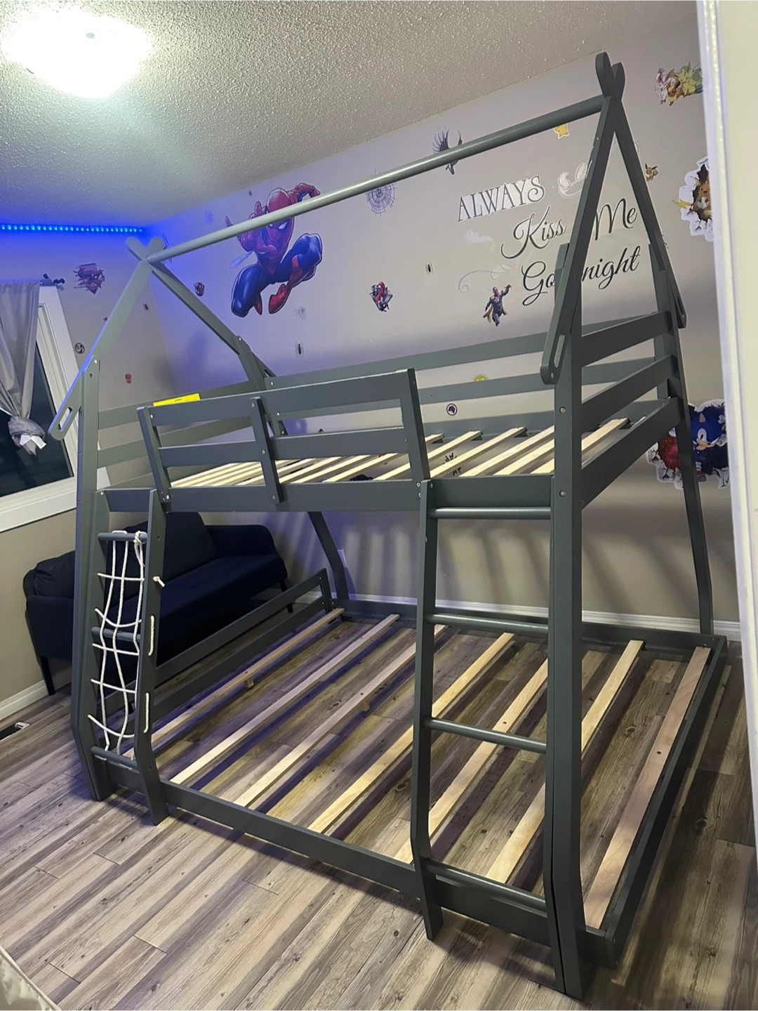 Grey Twin over queen House Bunk Bed with Ladder and Net - photo 2