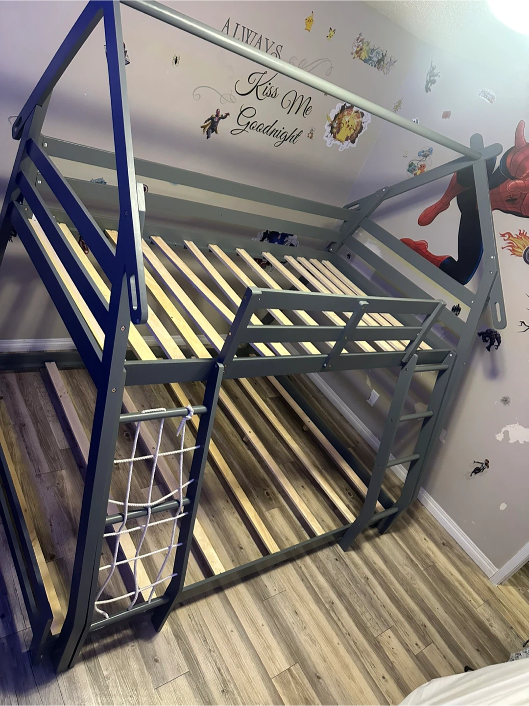 Grey Twin over queen House Bunk Bed with Ladder and Net - photo 4