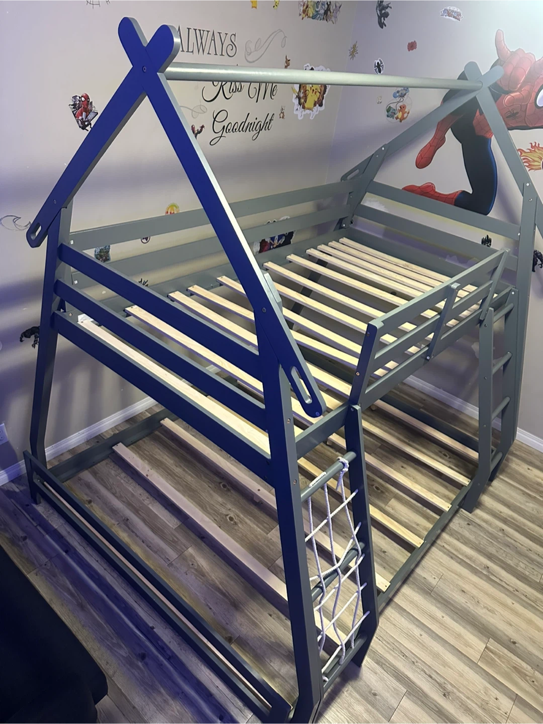 Grey Twin over queen House Bunk Bed with Ladder and Net - photo 5