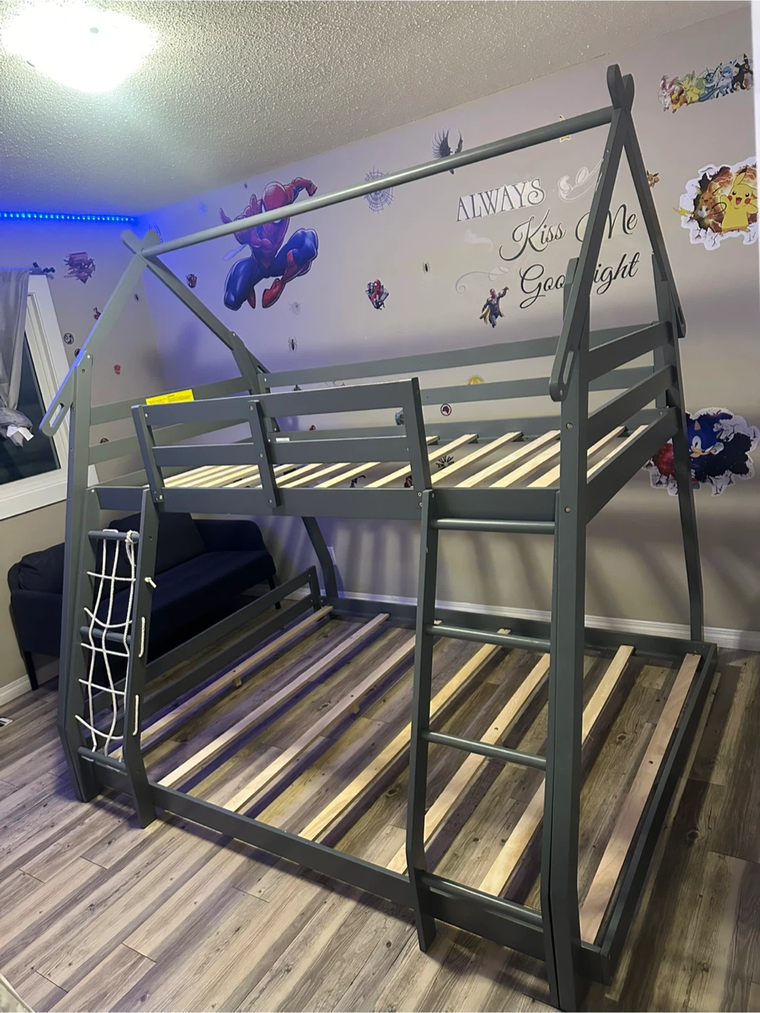 Grey Twin over queen House Bunk Bed with Ladder and Net
