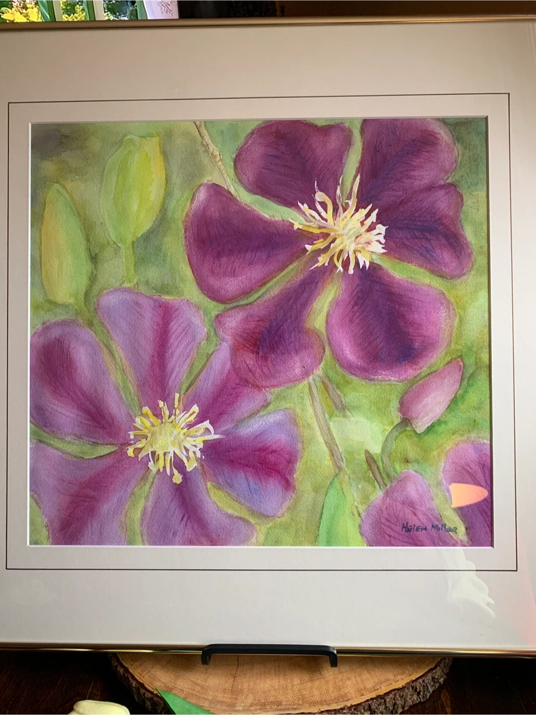 Framed Original Watercolor Painting of Purple Clematis Flowers - photo 2