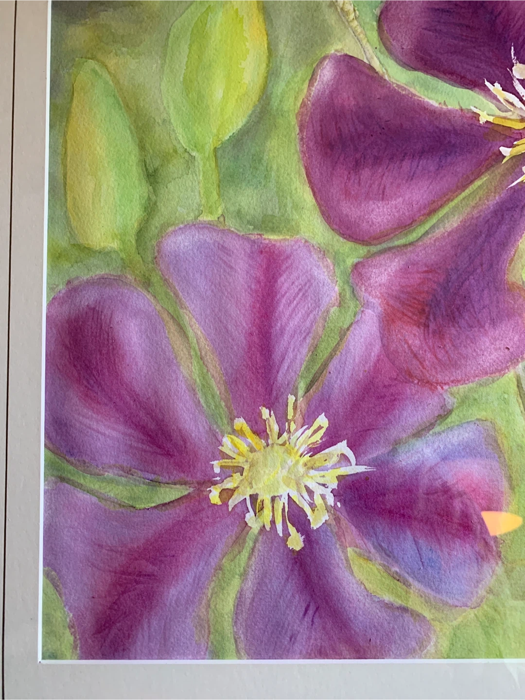 Framed Original Watercolor Painting of Purple Clematis Flowers - photo 4