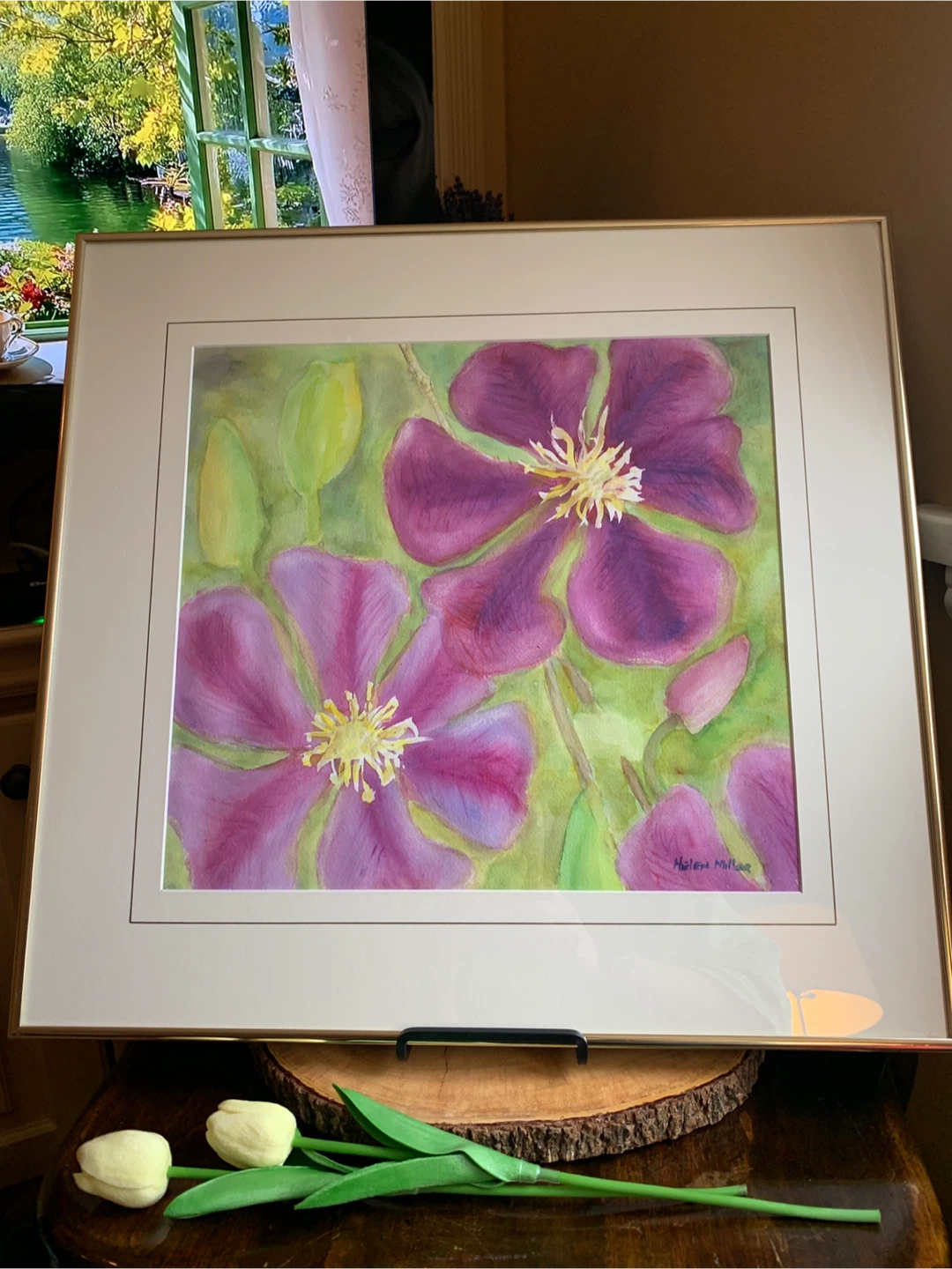 Framed Original Watercolor Painting of Purple Clematis Flowers