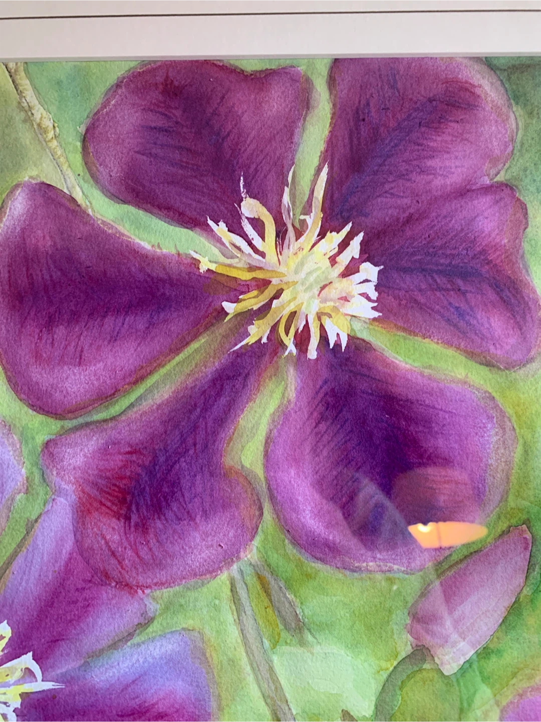 Framed Original Watercolor Painting of Purple Clematis Flowers - photo 3