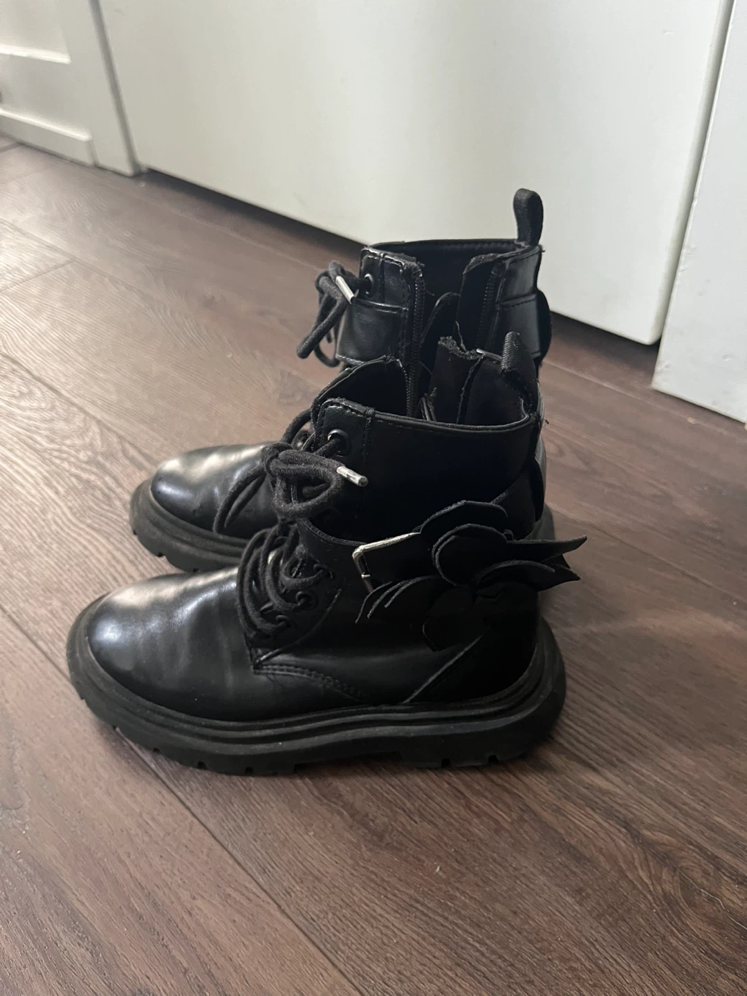 Black Zara Combat Boots with Flower Detail