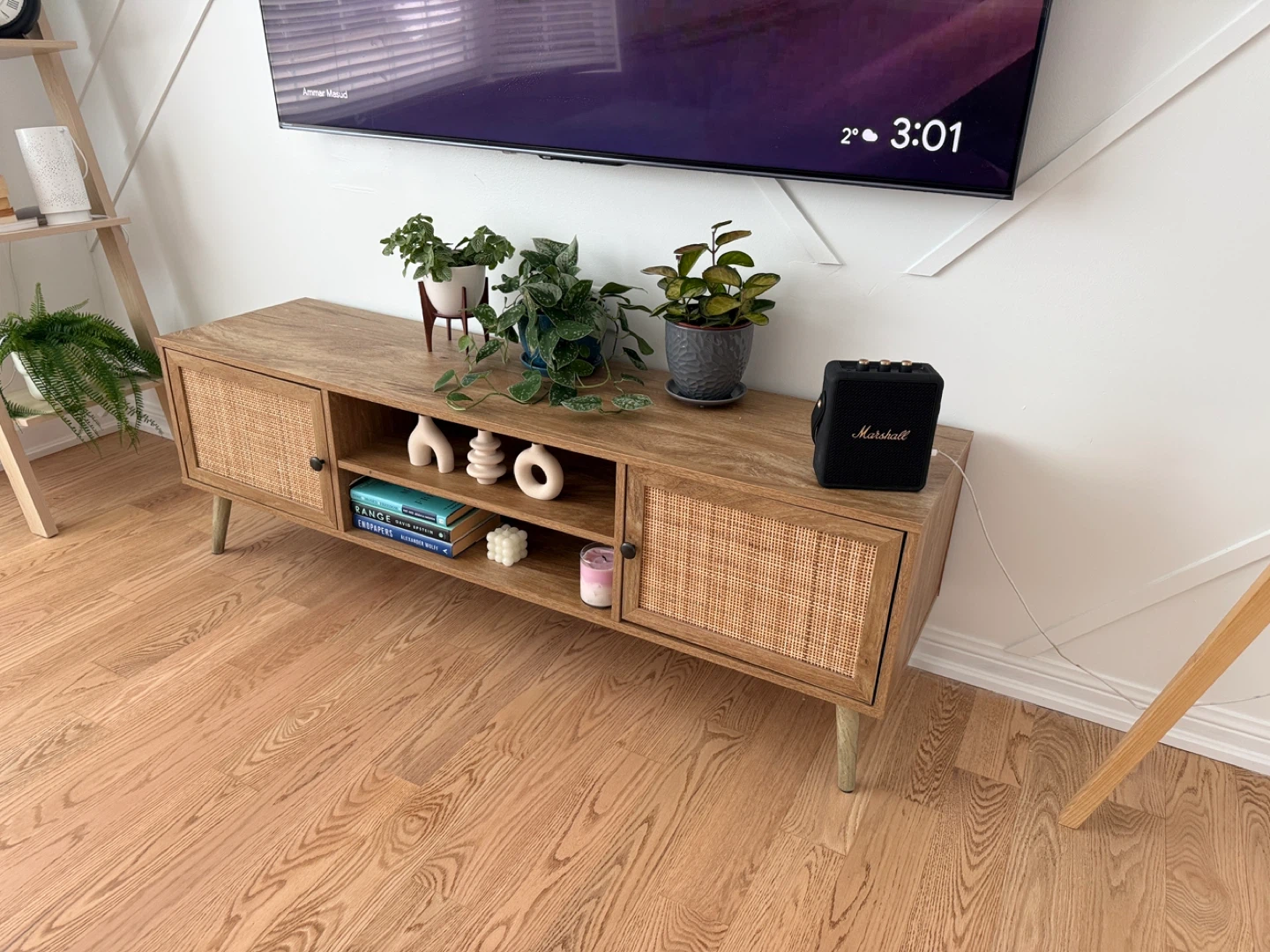 Wooden Media Console with Cane Doors