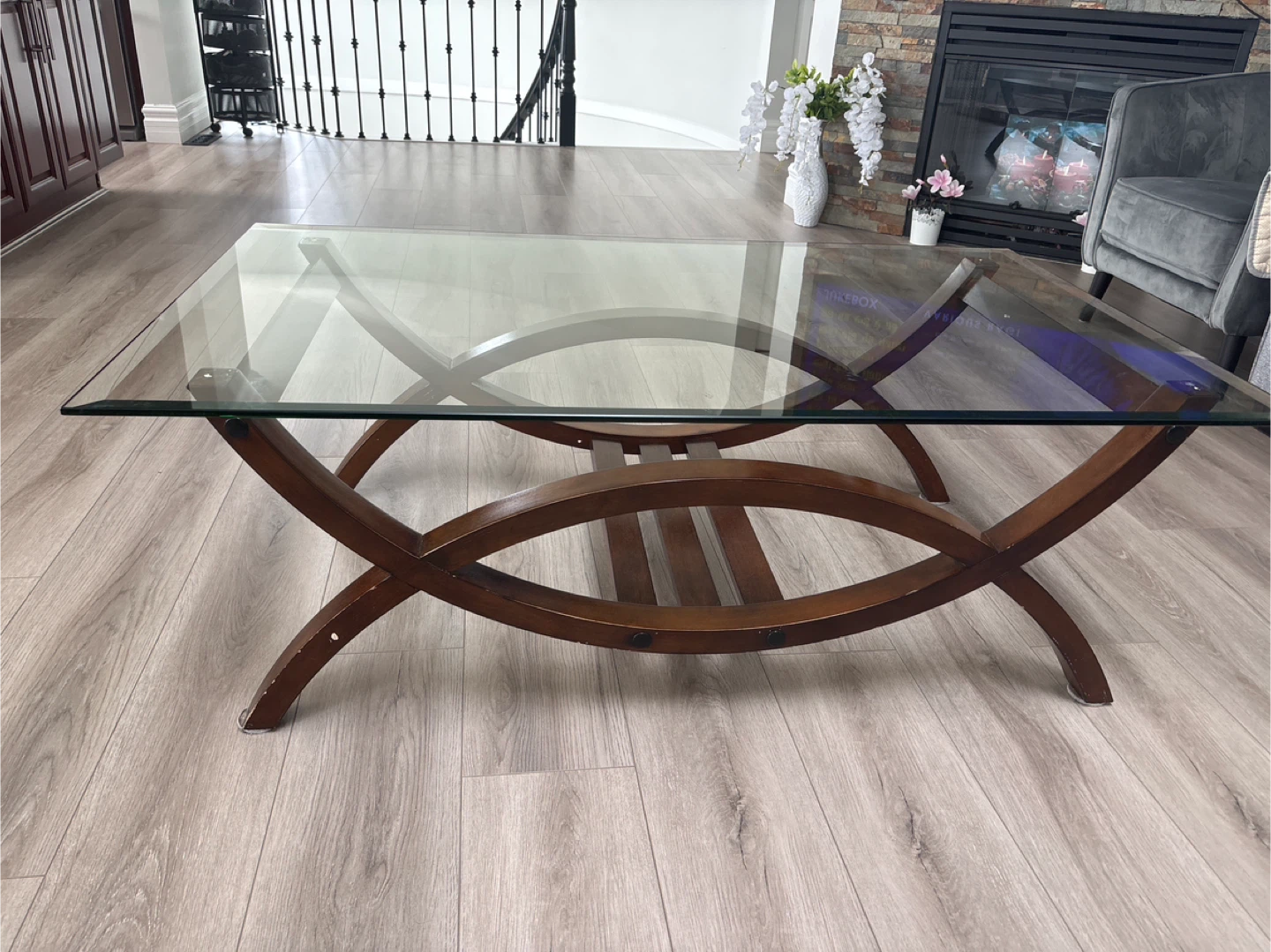 Glass Top Coffee Table with Wooden Base